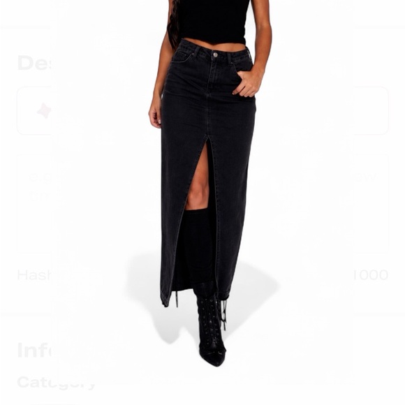 Happily Grey Dresses & Skirts - NEW Black Denim Maxi Skirt 25 High Slit Raw Hem Y2K Boho Grunge Minimalist NWT